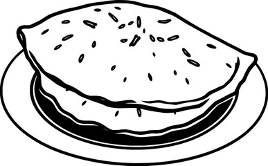 Simple Line Drawing Of A Delicious Flatbread On A Plate