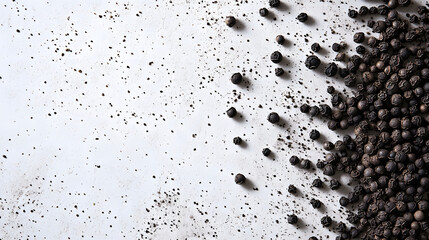 Whole cubeb peppercorns, dark gray in color, arranged neatly on a white surface, showcasing their unique form and rough texture in a natural setting.