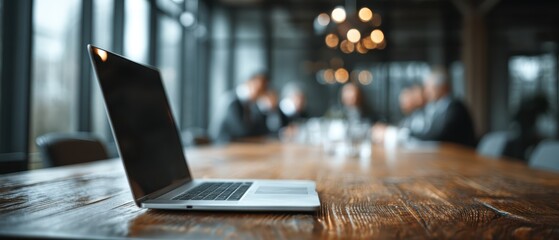 Laptop on the desk with diverse business team collaborating in a modern office for a company project