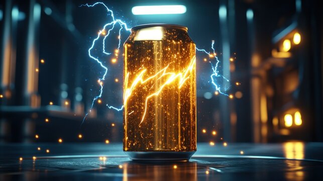 Energy drink can, glowing with electricity