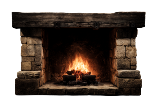 Cozy stone fireplace with crackling fire for winter warmth