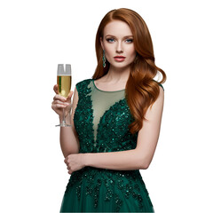 Redhead Woman, Green Dress, Champagne