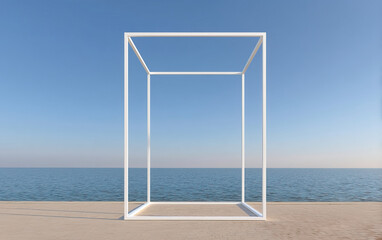 Freestanding metal frame with clean board by sea under clear blue sky on sandy ground