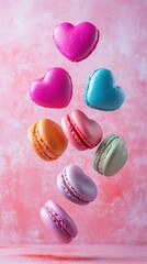 Colorful Heart Shaped Macarons Floating on Pink Background Studio Shot Sweet Treats Valentine's Day Celebration Food Photography