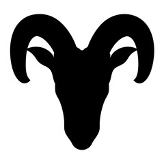 Silhouette of a Ram's Head with Large Curving Horns on a White Background