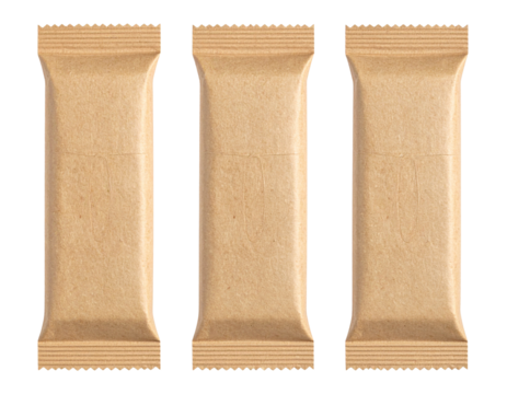 Three sealed brown snack bar packages are aligned vertically.