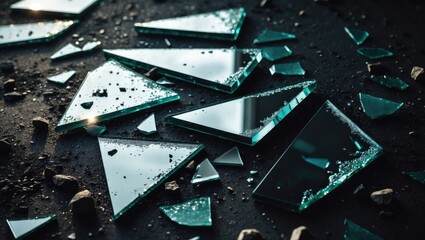 Black-themed abstract design showcasing glass elements and broken shards