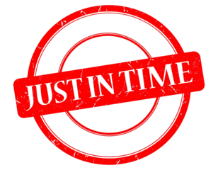 Red stamp with "JUST IN TIME" in bold letters.