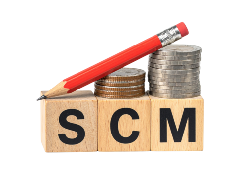 Wooden blocks with "SCM" letters, stacked coins, and a red pencil on top.