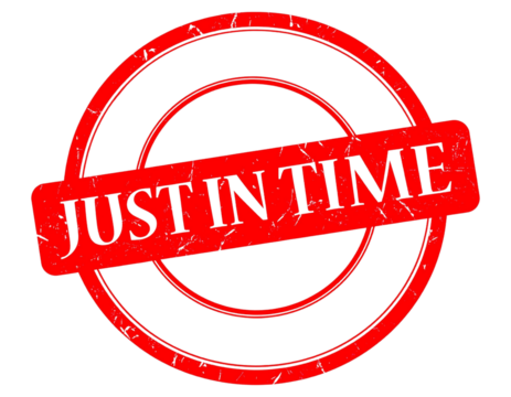 Red stamp with "JUST IN TIME" in bold letters.