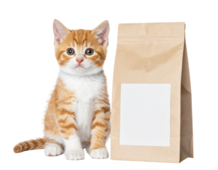 A cute orange and white kitten sits beside a brown paper bag with a blank label.
