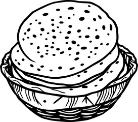 Line Art Drawing Of Flatbreads In A Basket