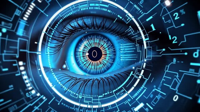 Close up of a blue eye surrounded by glowing digital circuit patterns and binary code designs