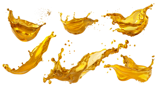 Golden liquid splashes in motion on a clear backdrop