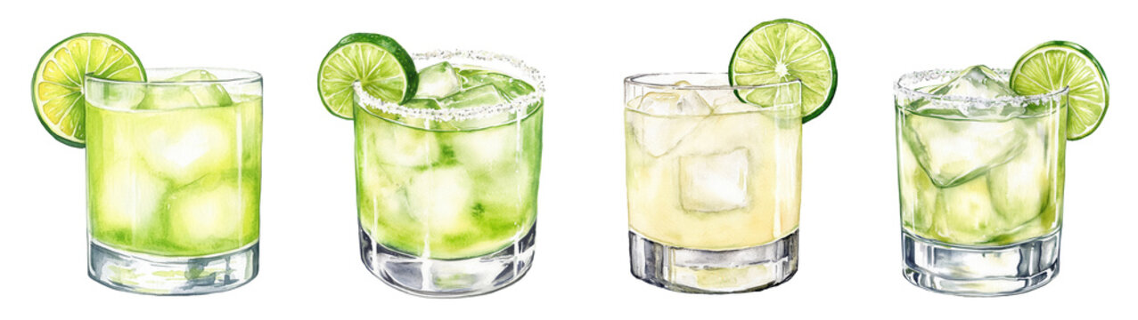 PNG Tommy's Margarita cocktail with lime wedge and ice in short glasses. Watercolor illustration on transparent background. Classic tequila drink concept. 