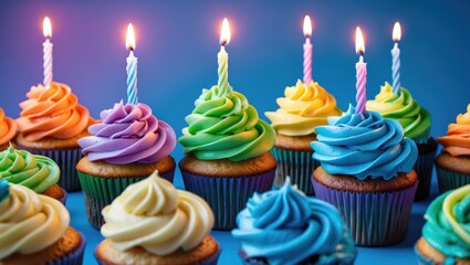 Festive rainbow-themed cupcakes and cake with candles for birthday party