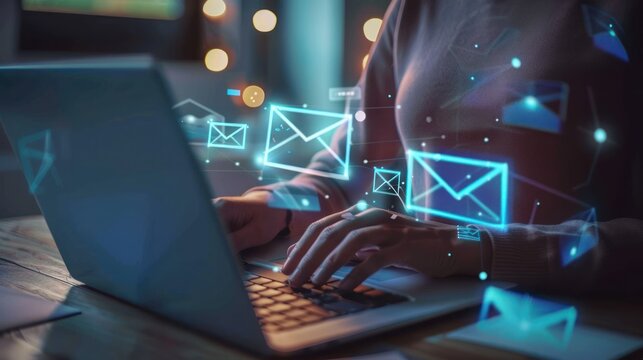 A person is typing on a laptop with a glowing screen that has many emails on it