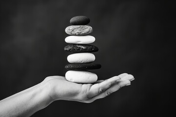 A hand delicately balances a stack of seven smooth stones in monochrome, showcasing harmony and tranquility.