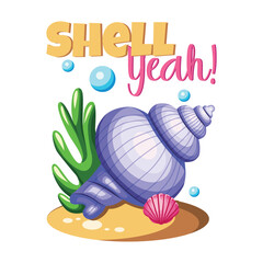 Funny purple seashell summer print with phrase “Shell Yeah!”