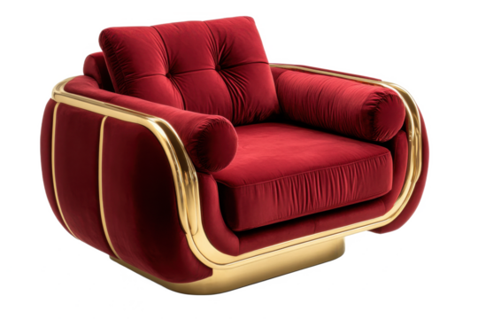 Red velvet chair with gold trim detail on white background