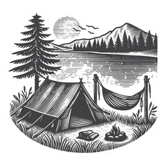 Vintage Hand-Drawn Camp Tent Near Lake with Hammock Illustration – Rustic Landscape Engraved Style Vector for T-Shirts, Posters, Stickers, and Outdoor Themes Apparel