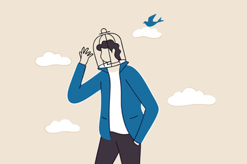 Limited understanding, creativity blocker, fear of challenge, bias or ego trapped, powerless or lack of intelligence concept, depressed businessman with birdcage lock his head.