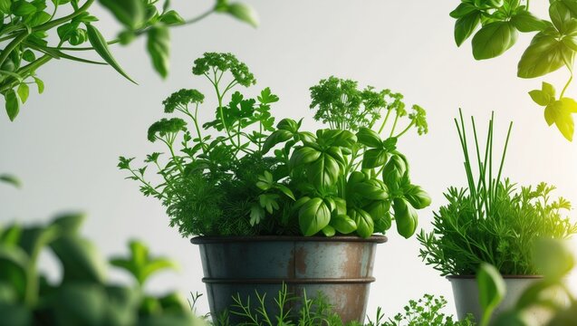 Seasonal fresh herbs and spices like basil, chive, and parsley growing in a pot against a natural green backdrop