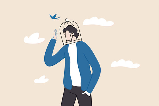 Limited understanding, creativity blocker, fear of challenge, bias or ego trapped, powerless or lack of intelligence concept, depressed businessman with birdcage lock his head.