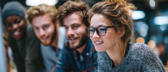Fototapeta premium Group of young business people working together on a project in a collaborative office setting