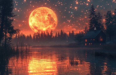 Red moonrise over lake cabin, misty forest. Fantasy art