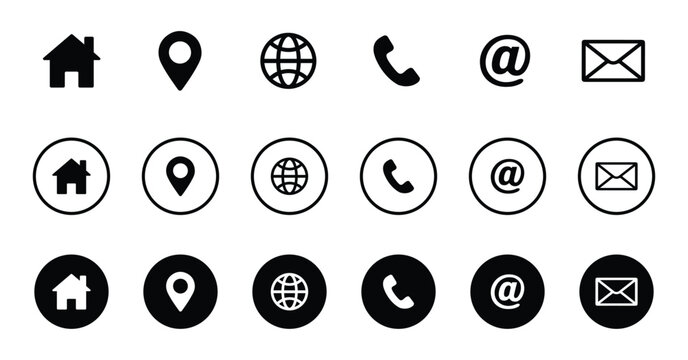 Contact Us Icons Home, Location, Globe, Phone, Email, At Symbol With Black & White Variations