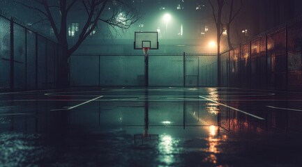 A misty night scene of a deserted, wet outdoor basketball court under dim streetlights, reflecting on the glossy surface
