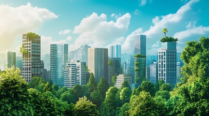 Futuristic city with green buildings blending sustainability and innovation in urban design