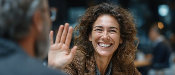 Fototapeta premium Businesswoman giving a high five to a colleague in a meeting room