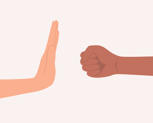 Hand stopping a punch from another hand. Flat vector illustration