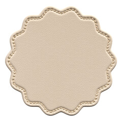Beige Leather Patch with Wavy Circular Edges and Stitching in 3D render with transparent background