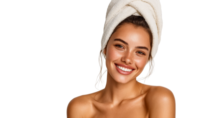 Smiling woman with towel on head represents beauty and self care