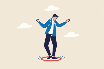 Business boundary, limitation or framing that prevent progress work, prohibited activity that limit business or career growth concept, frustrated businessman standing uncomfortably in small red circle