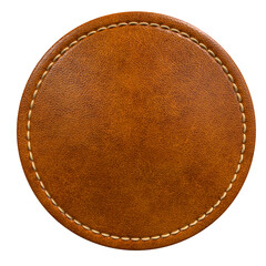 Brown Leather Circle Patch with Clean Stitch Border in 3D render with transparent background