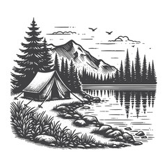 Vintage Hand-Drawn Camp Tent Near Lake with Reflection Illustration – Rustic Landscape Engraved Style Vector for T-Shirts, Posters, Stickers, and Outdoor Themes Apparel