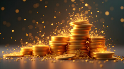 Coins stacking with glowing particles, image created using AI