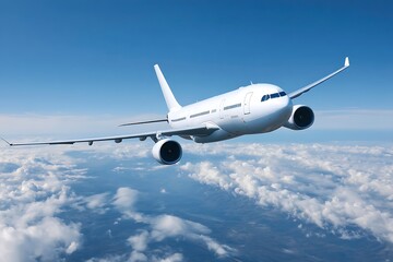 Obraz premium Airplane soaring above fluffy clouds under a vibrant blue sky during a scenic flight journey.