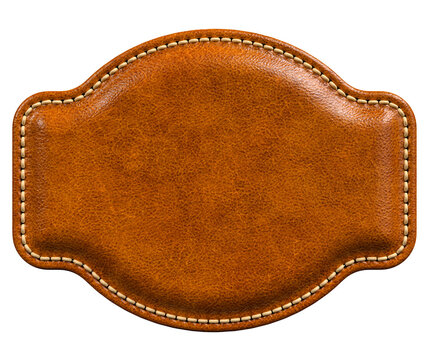 Brown Leather Patch with Rounded Extensions and Bold Stitching in 3D render with transparent background