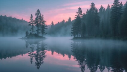 Fototapeta premium Misty morning at a calm lake with pine trees reflecting on tranquil water, showcasing the beauty of nature and wilderness