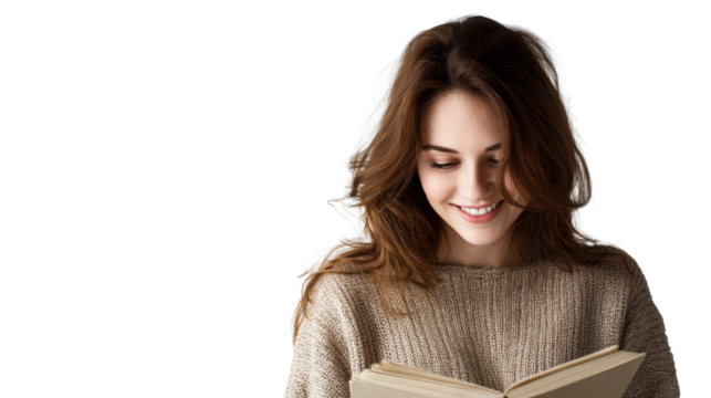 Young woman reading a book and smiling with a bright expression