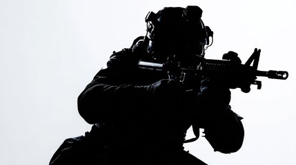 Silhouette of a British SAS operative poised for action during a nighttime operation