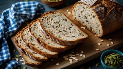 Healthy homemade bread slice with added bran, seeds, and oatmeal flakes, high-quality food photography.