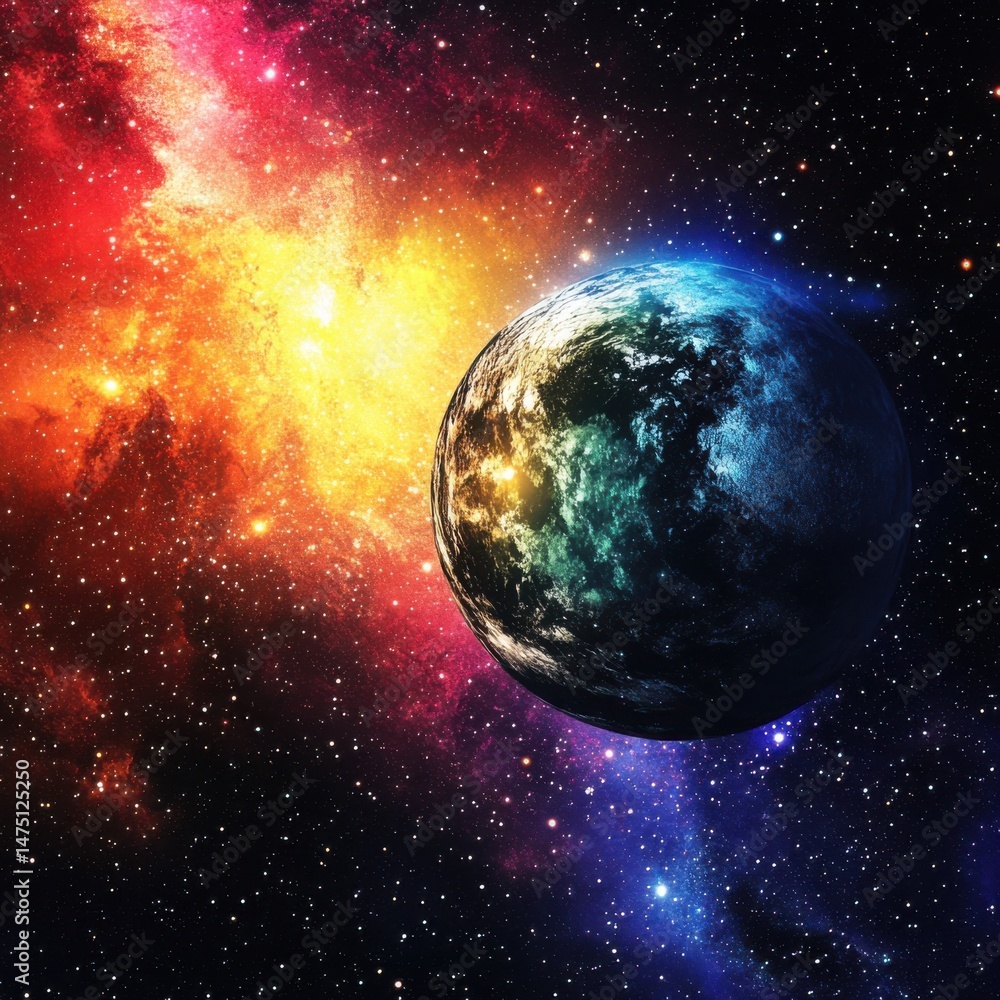 Poster colorful planet floating in deep space with nebula and stars artistic rendering cosmic view