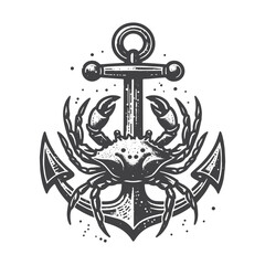Vintage Hand-Drawn Anchor with Crab Illustration &ndash; Nautical Symbol Engraved Style Vector for T-Shirts, Posters, Stickers, and Marine Themes Apparel