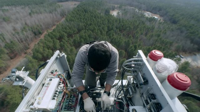 Technician working on a cell tower.